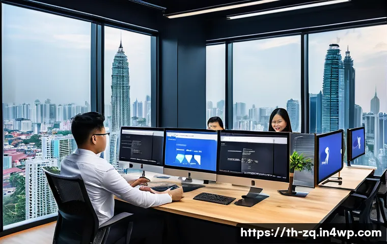소셜 리스닝 툴을 통한 브랜드 충성도 증진 - A modern Thai office environment with a diverse team of professionals analyzing social media data on...