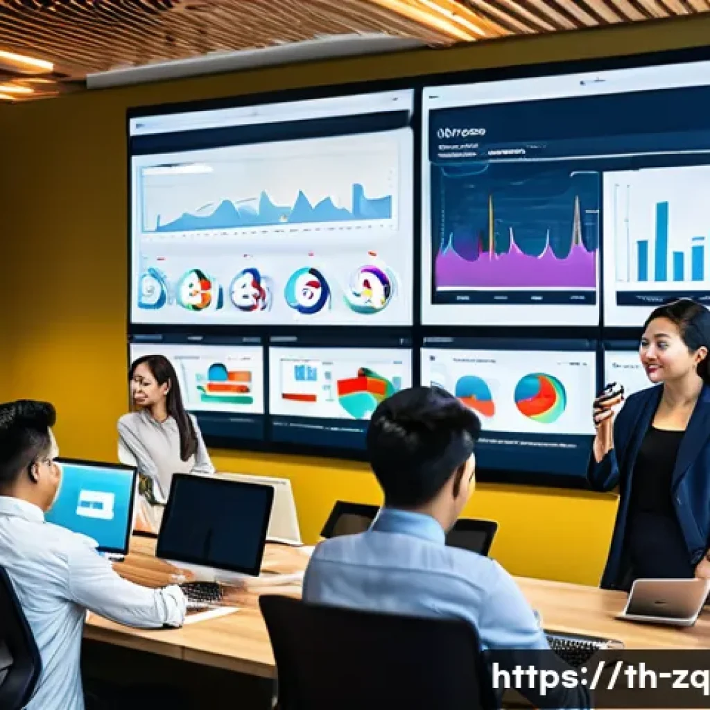 소셜 리스닝 툴을 통한 트렌드 예측 - A modern office scene showing a diverse team of Thai marketing professionals analyzing social media ...