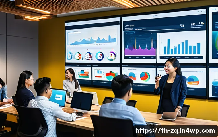 소셜 리스닝 툴을 통한 트렌드 예측 - A modern office scene showing a diverse team of Thai marketing professionals analyzing social media ...