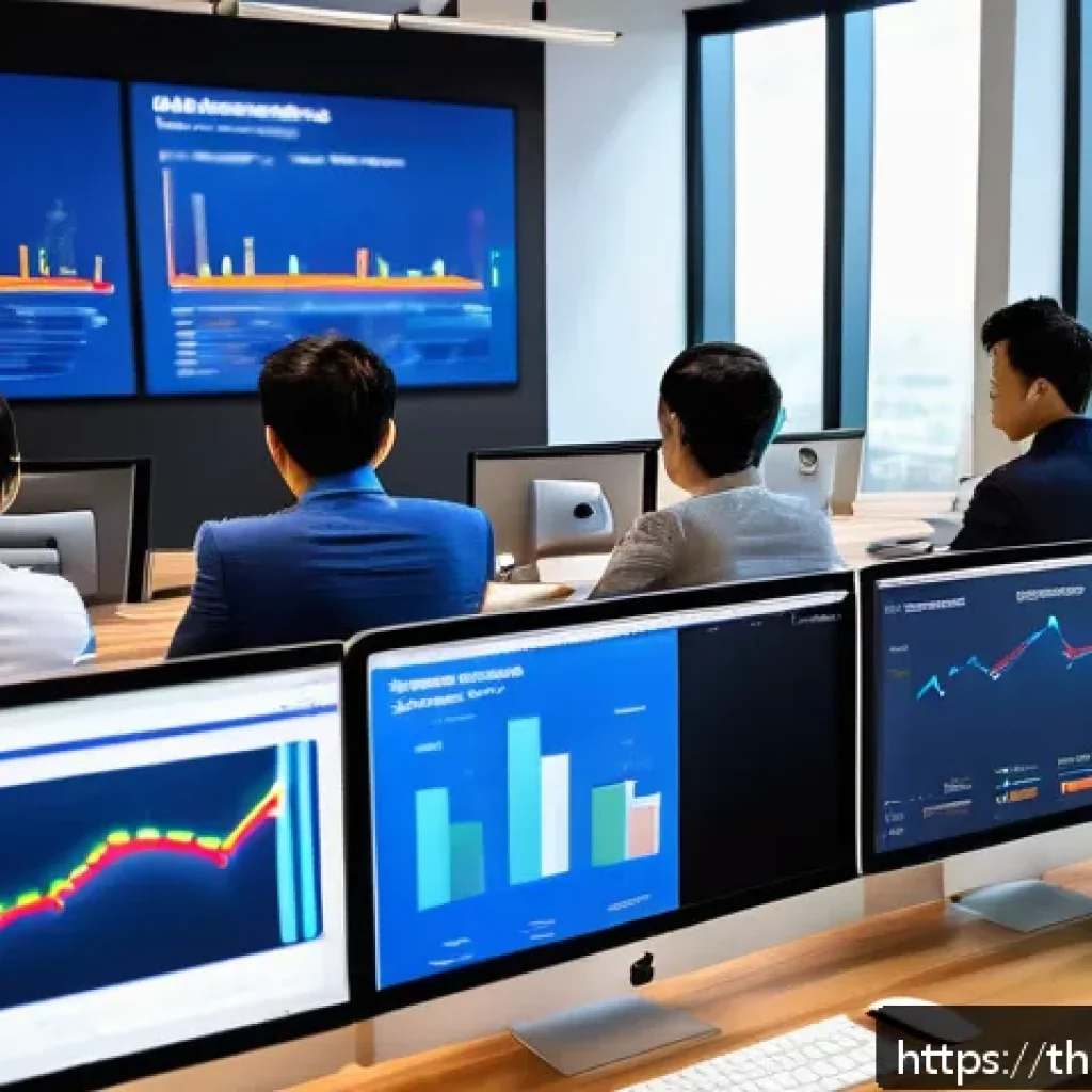 소셜 리스닝 툴로 브랜드 충성도 측정하기 - A modern Thai digital marketing team in a bright, open office, actively analyzing social media data ...