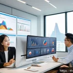 소셜 리스닝 툴과 고객 행동 예측 - A modern Thai business team in a bright, stylish office analyzing social media data on multiple scre...