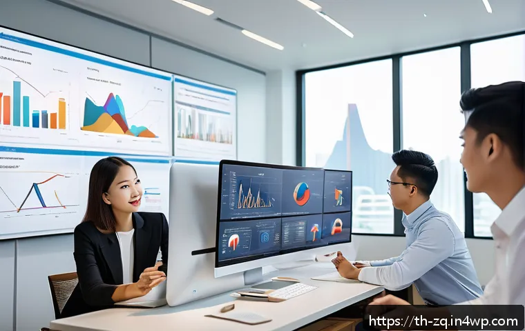 소셜 리스닝 툴과 고객 행동 예측 - A modern Thai business team in a bright, stylish office analyzing social media data on multiple scre...