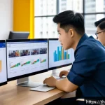 소셜 리스닝 툴의 대중적 사용 사례 - A modern Thai marketing team in a bright office, gathered around multiple computer screens displayin...