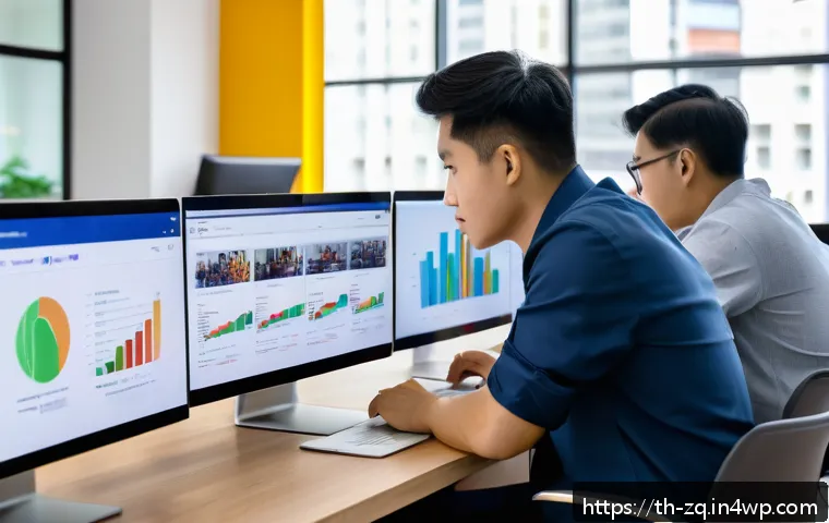 소셜 리스닝 툴의 대중적 사용 사례 - A modern Thai marketing team in a bright office, gathered around multiple computer screens displayin...