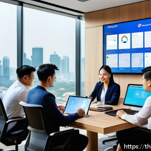 소셜 리스닝 툴과 데이터 분석의 차이점 - A modern Thai business office scene with diverse professionals in smart casual attire collaborating ...
