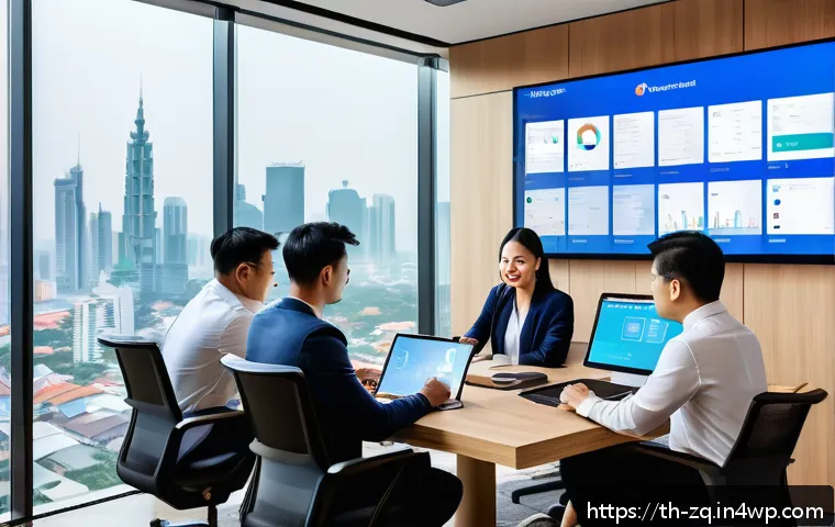 소셜 리스닝 툴과 데이터 분석의 차이점 - A modern Thai business office scene with diverse professionals in smart casual attire collaborating ...