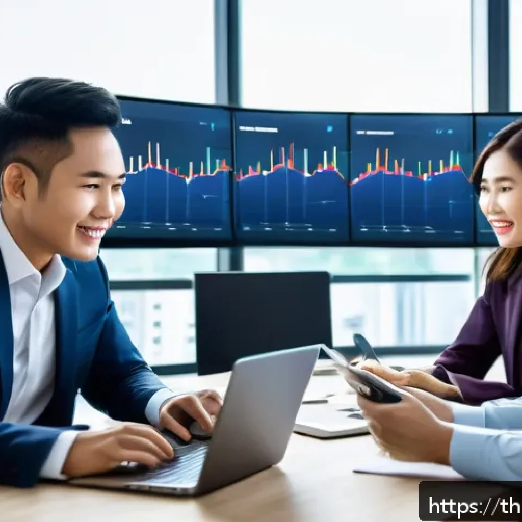 소셜 리스닝 툴을 통한 소비자 의견 수렴 - A professional Thai business team in a modern office environment analyzing social media data on mult...