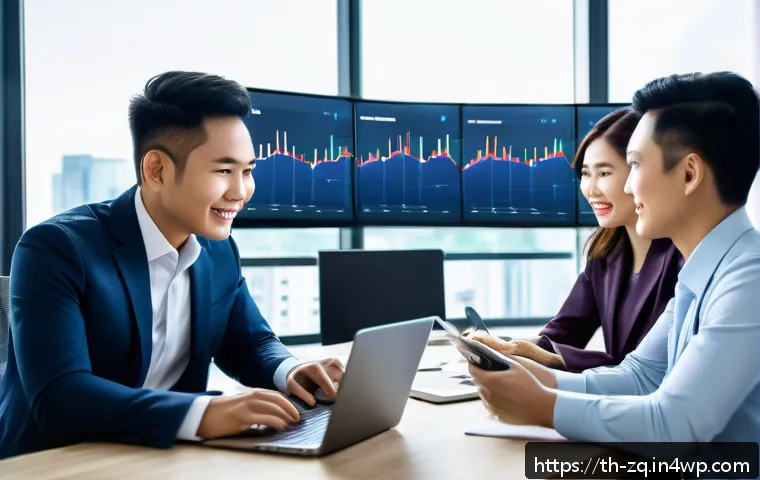 소셜 리스닝 툴을 통한 소비자 의견 수렴 - A professional Thai business team in a modern office environment analyzing social media data on mult...